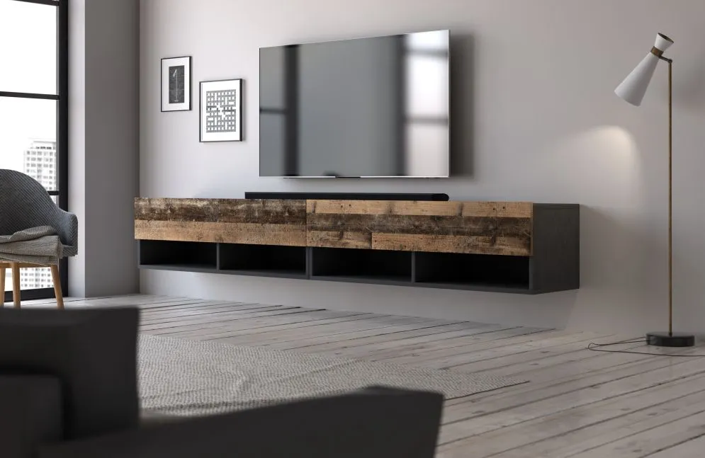 Wisząca szafka RTV DERBY DOUBLE 200cm grafit matera/dąb old style | sklep MIRAT styl LOFT, SKANDYNAWSKI