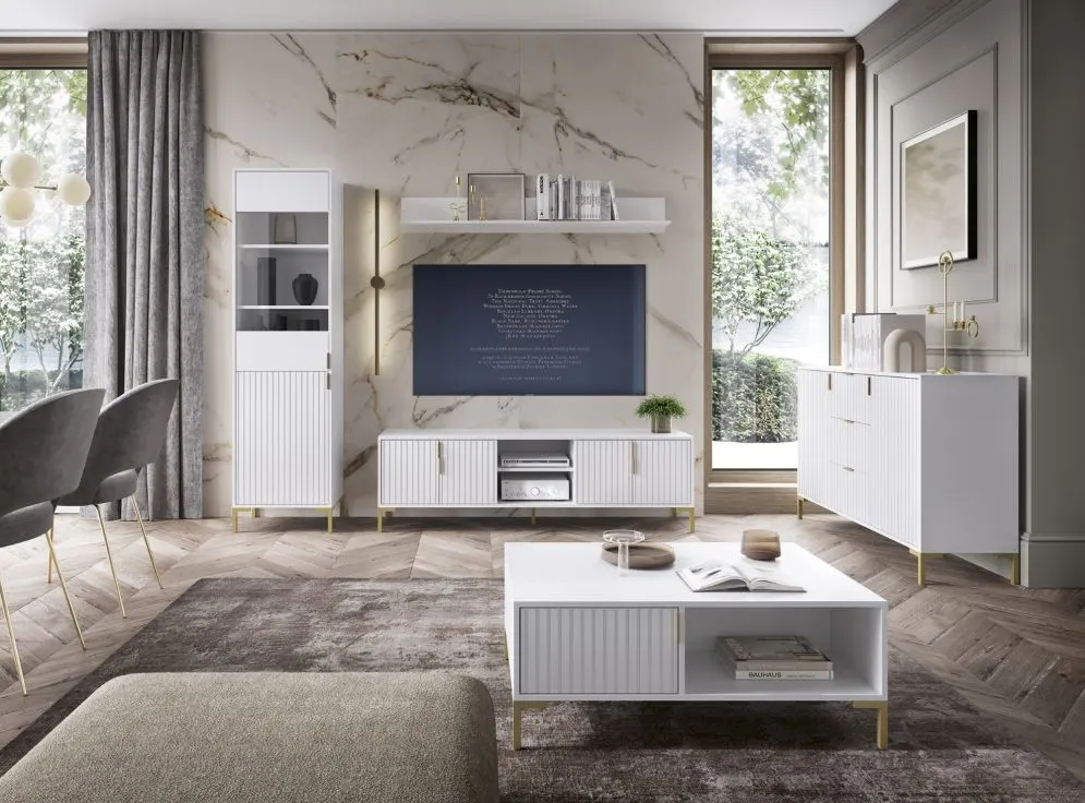 Szafka RTV FLINN 4D 165cm biały mat w stylu glamour | sklep MIRAT styl GLAMOUR, RYFLOWANY kolekcja WM-FLINN