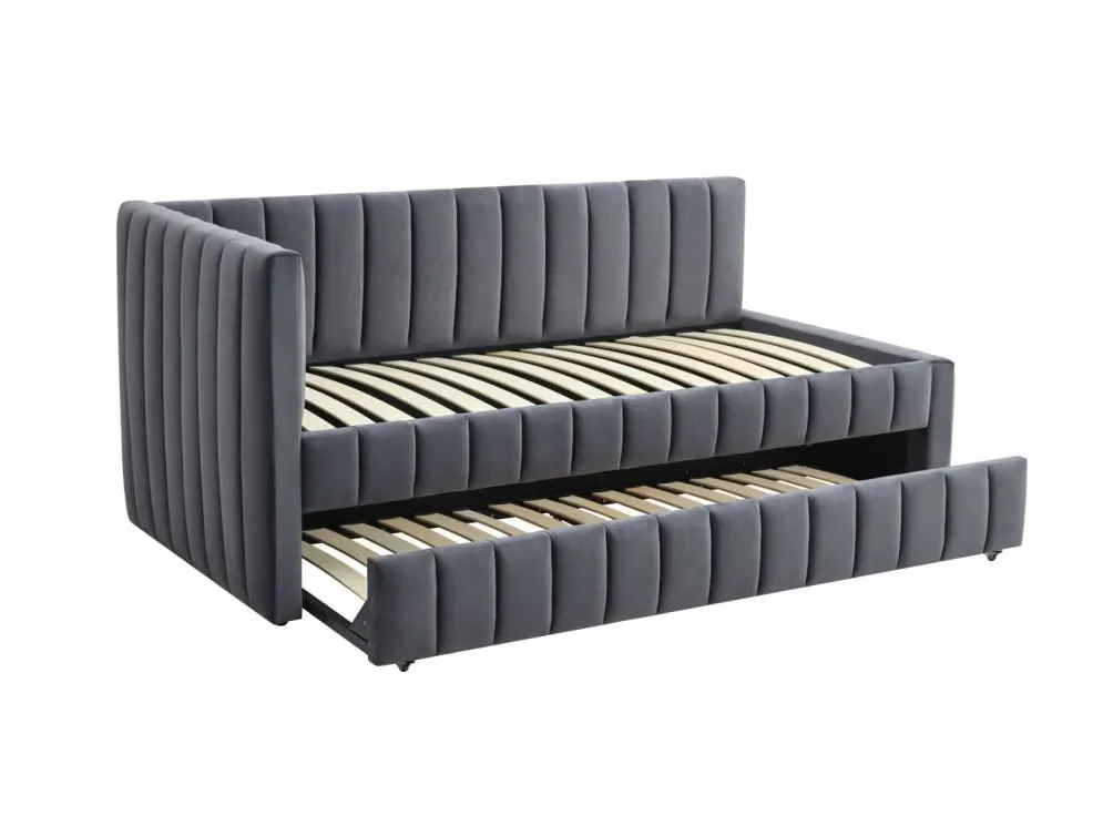 Łóżko młodzieżowe DERBY 90x200 grafitowe wysuwane z tapicerowanym panelem L I sklep meblowy MIRAT.