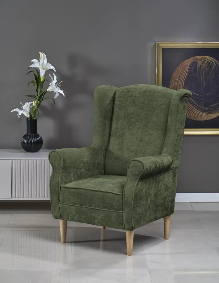 Fotel uszak HERMES oliwkowy na drewnianych nogach I sklep meblowy MIRAT.