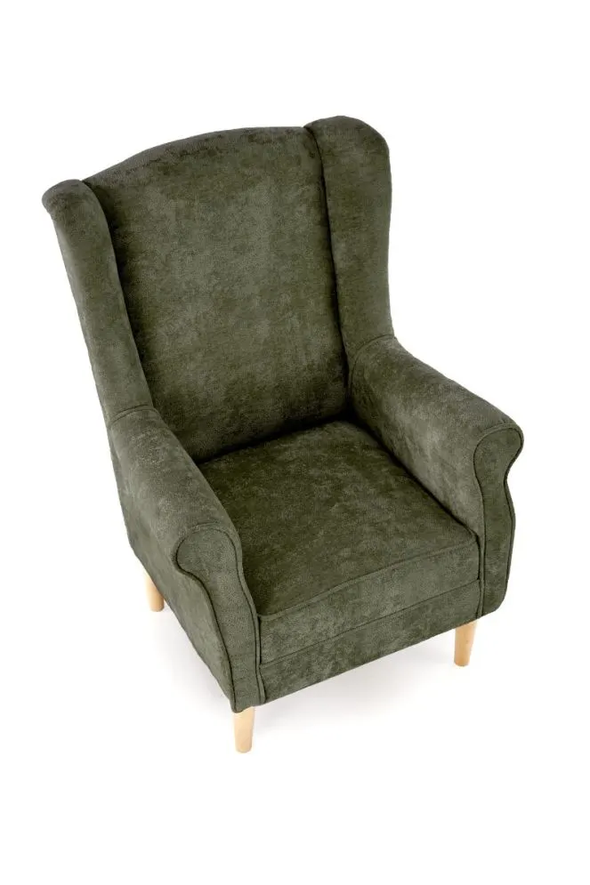 Fotel uszak HERMES oliwkowy na drewnianych nogach I sklep meblowy MIRAT.