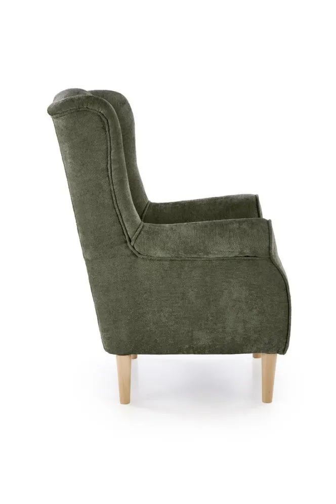 Fotel uszak HERMES oliwkowy na drewnianych nogach I sklep meblowy MIRAT.