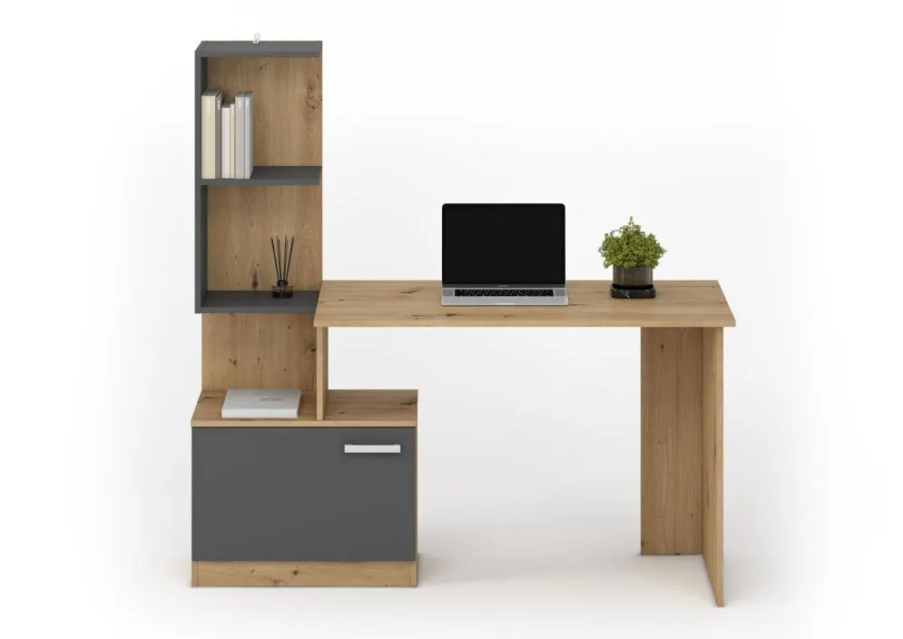 Biurko komputerowe MISO dąb artisan/grafitowe z regałem I sklep meblowy MIRAT.