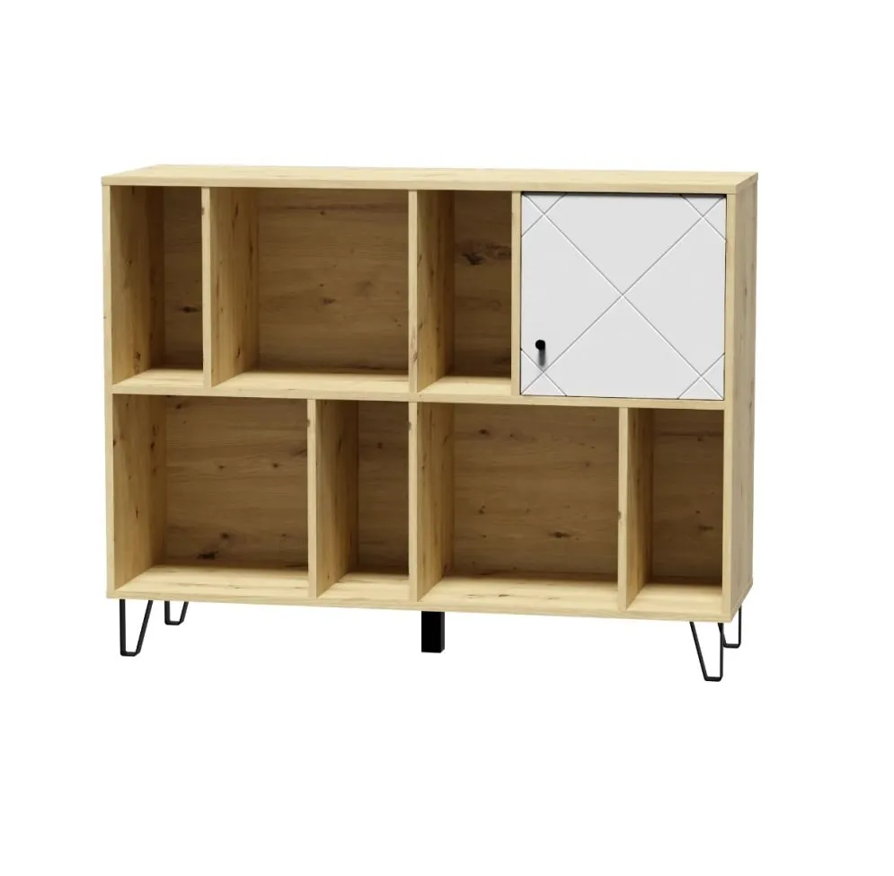 Regał BILBAO 1D dąb artisan/biały mat na metalowych nogach| sklep MIRAT styl RYFLOWANY, SKANDYNAWSKI kolekcja BILBAO