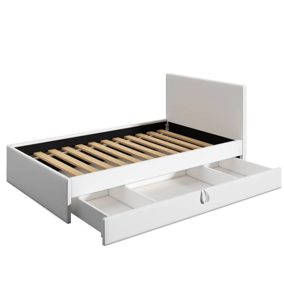 Łóżko młodzieżowe VIVO 2 90x200 szare z tapicerowanym oparciem i szufladą I sklep meblowy MIRAT.