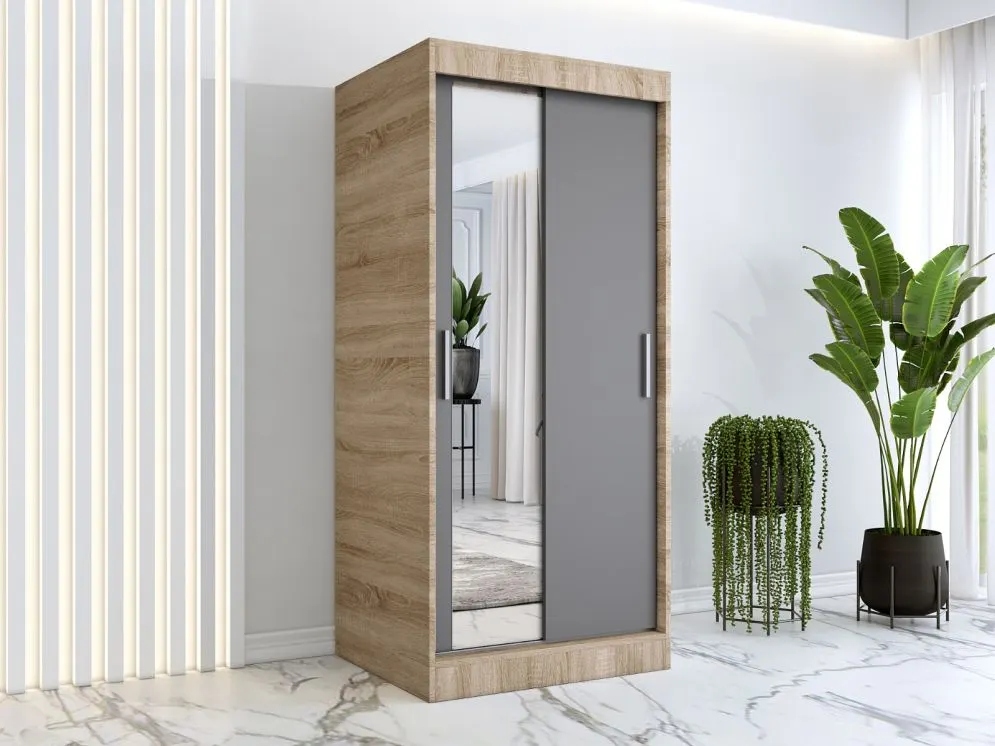 Szafa przesuwna MODUO COMFORT 90 dąb sonoma/antracyt z lustrem z lewej do sypialni | MIRAT. w stylu  kolekcja MODUO COMFORT