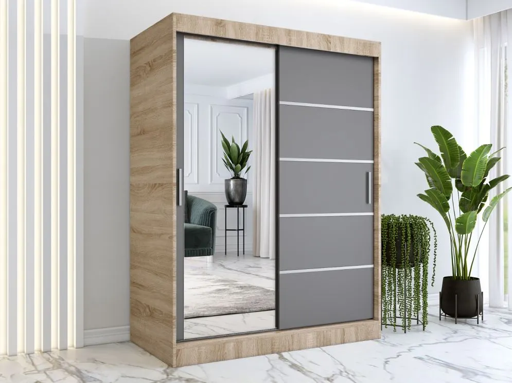 Szafa przesuwna MODUO COMFORT 3 150 dąb sonoma/antracyt z lustrem do sypialni | MIRAT.  kolekcja MODUO COMFORT