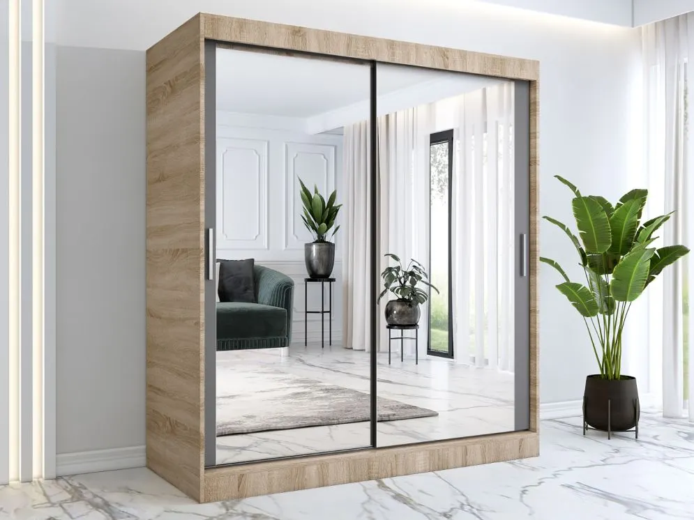 Szafa przesuwna MODUO COMFORT 180 dąb sonoma/antracyt z dwoma lustrami do sypialni | MIRAT.  kolekcja MODUO COMFORT