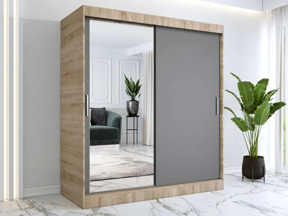 Szafa przesuwna MODUO COMFORT 180 dąb sonoma/antracyt z lustrem z lewej do sypialni | MIRAT.  kolekcja MODUO COMFORT
