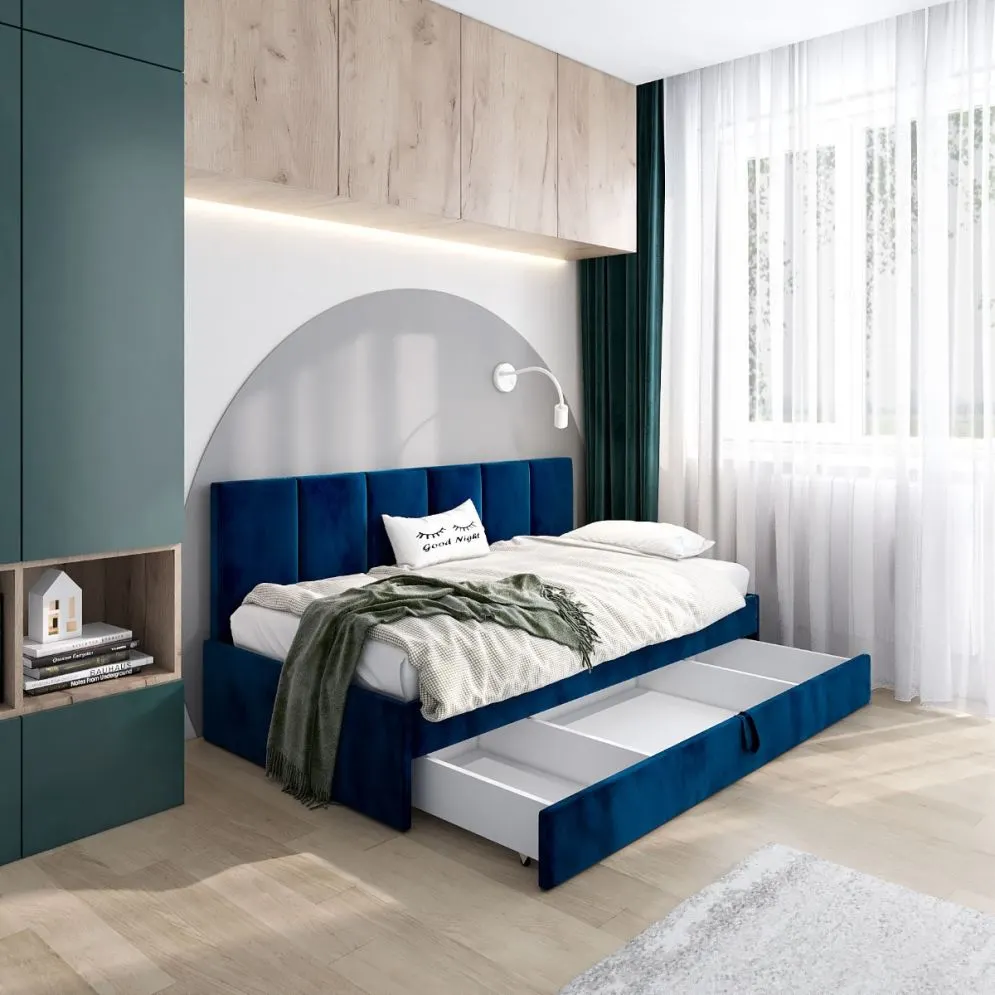 Łóżko młodzieżowe SORA 2 120x200 granatowe z oparciem i szufladą I sklep meblowy MIRAT.