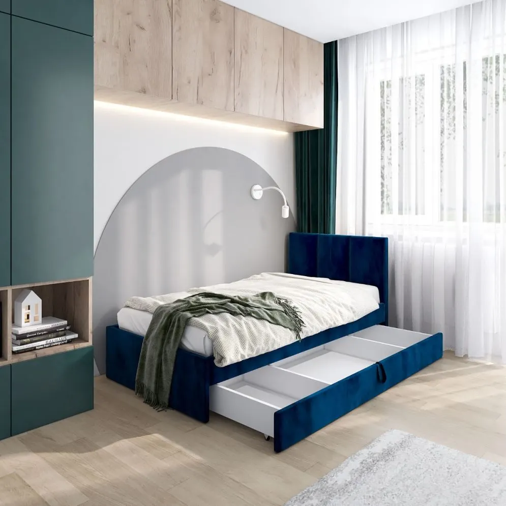 Łóżko młodzieżowe VIVO 2 80x200 granatowe z szufladą na kółkach I sklep meblowy MIRAT.