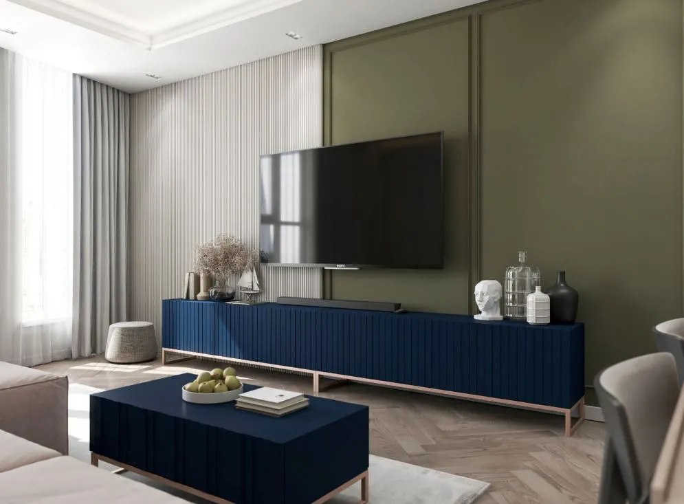 Stolik kawowy TAL 3D 110x54cm granatowy mat/gold ze schowkiem I sklep meblowy MIRAT. styl GLAMOUR, RYFLOWANY kolekcja TAL