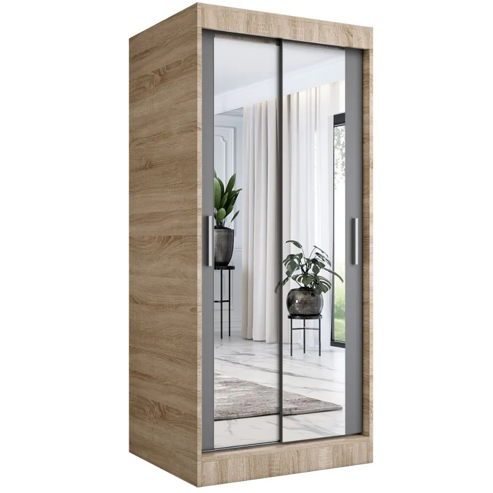 Szafa przesuwna MODUO COMFORT 90 dąb sonoma/antracyt z dwoma lustrami do sypialni | MIRAT. w stylu kolekcja MODUO COMFORT