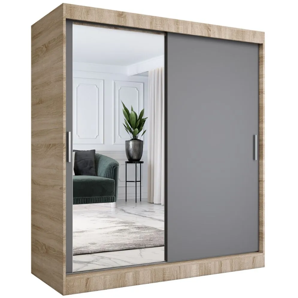 Szafa przesuwna MODUO COMFORT 180 dąb sonoma/antracyt z lustrem z lewej do sypialni | MIRAT.  kolekcja MODUO COMFORT