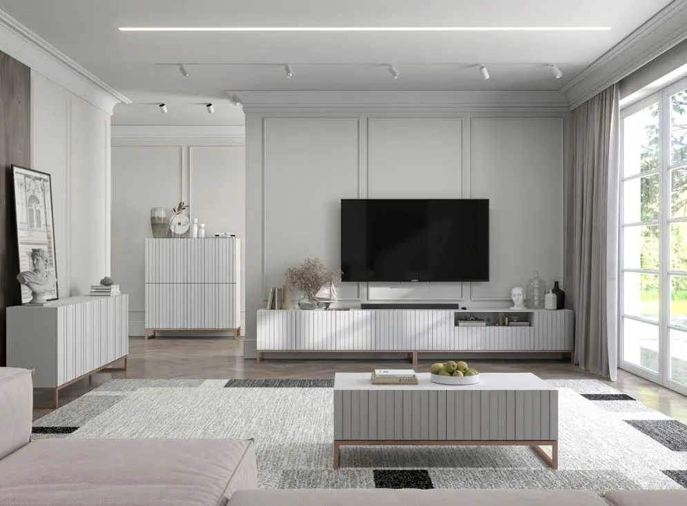 Stolik kawowy TAL 3D 110x54cm biały mat/gold do salonu I sklep meblowy MIRAT. styl GLAMOUR, RYFLOWANY kolekcja TAL