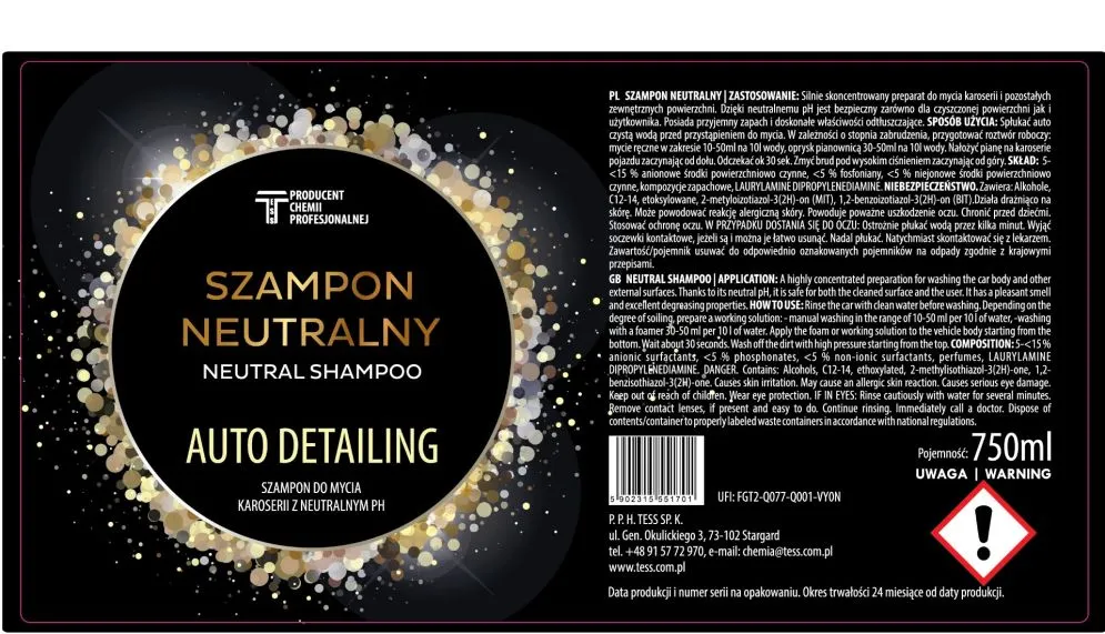 Szampon neutralny do mycia samochodu TESS 750ml auto detailing silny I sklep meblowy MIRAT.