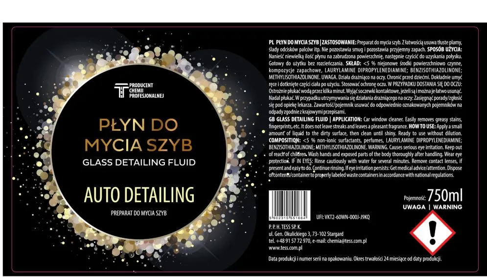 Płyn do mycia szyb TESS 750ml auto detailing bez smug I sklep meblowy MIRAT.