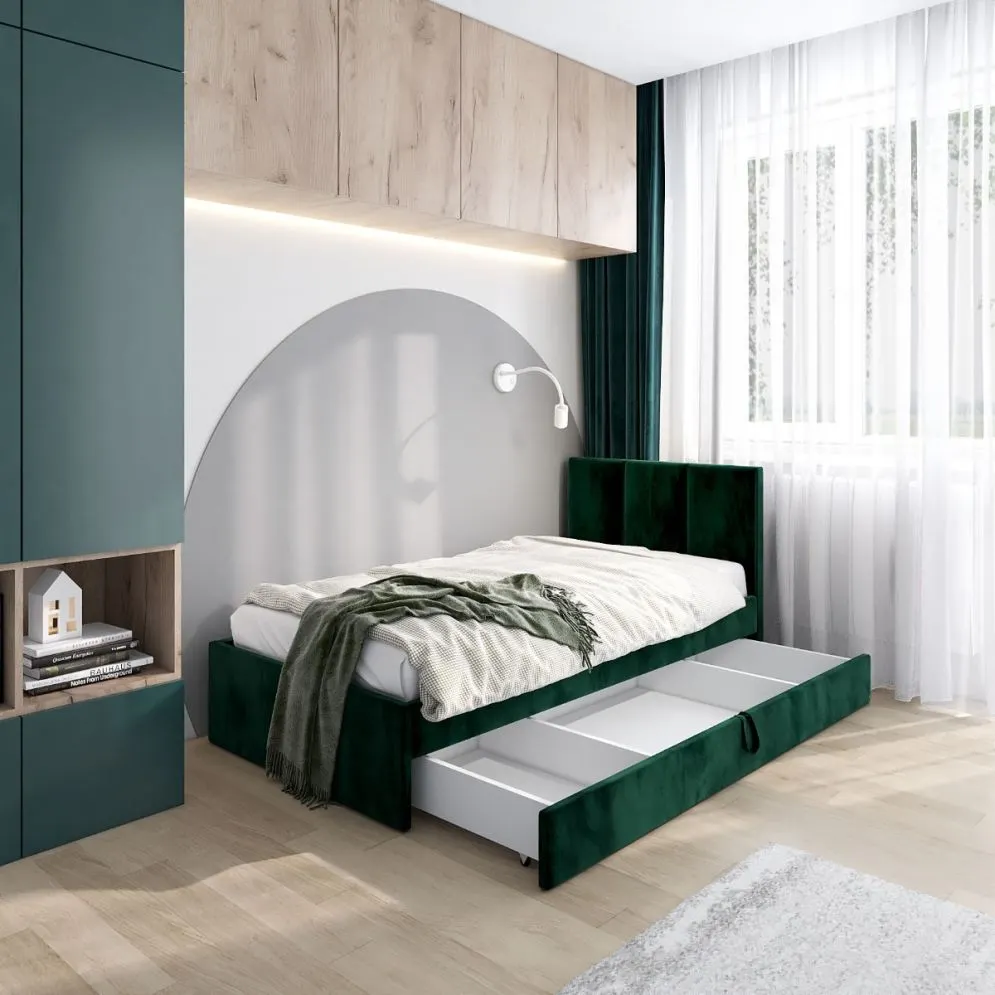 Łóżko młodzieżowe VIVO 2 90x200 zielone z oparciem i szufladą na kółkach I sklep meblowy MIRAT.