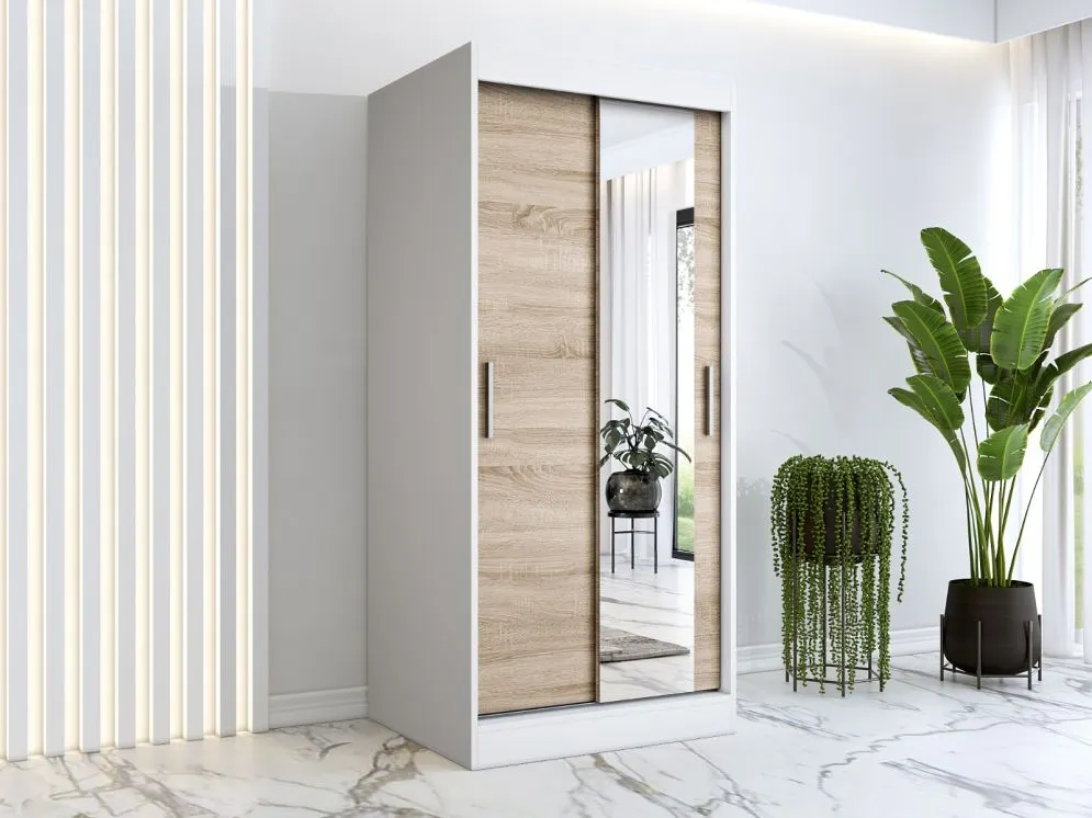 Szafa przesuwna MODUO COMFORT 90 biała mat/dąb sonoma z dwoma rodzajami frontów | MIRAT. w stylu  kolekcja MODUO COMFORT