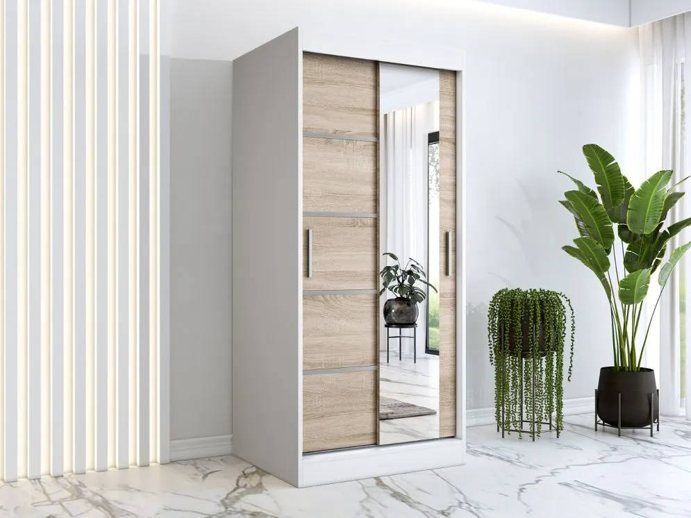 Szafa przesuwna MODUO COMFORT 2 90 biała mat/dąb sonoma do sypialni z dwoma rodzajami frontów | MIRAT. w stylu  kolekcja MODUO COMFORT