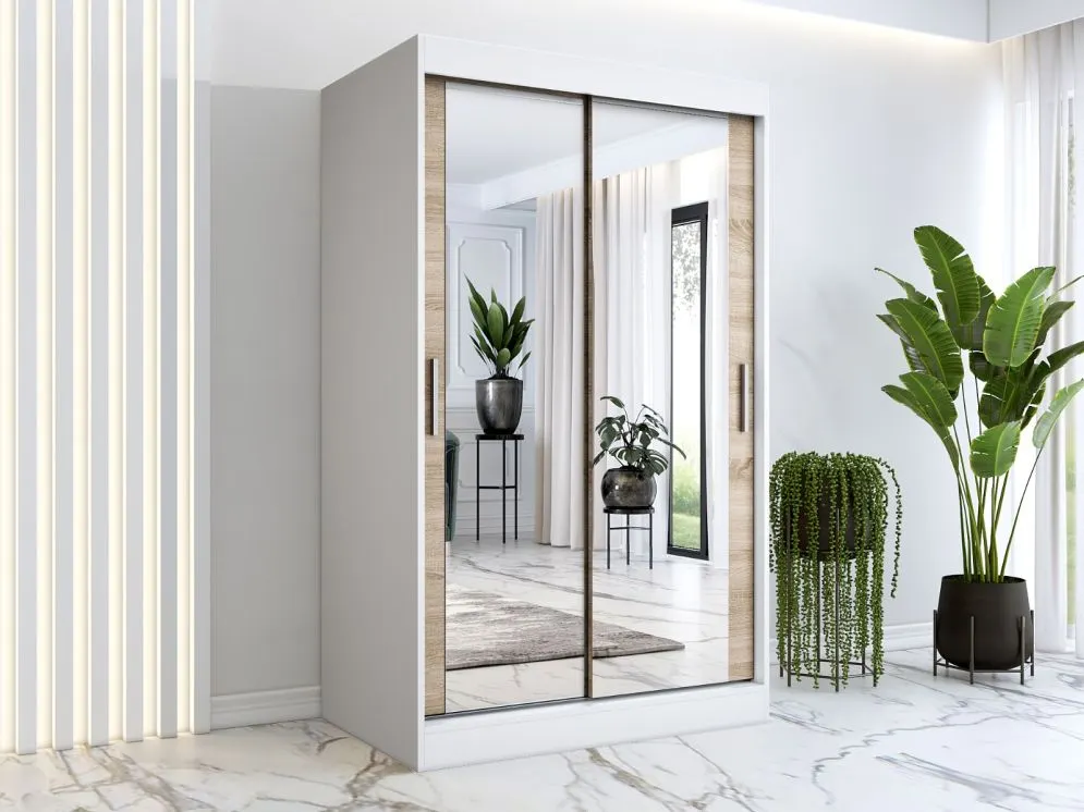 Szafa przesuwna MODUO COMFORT 120 biała mat/dąb sonoma z dwoma lustrami | MIRAT. w stylu  kolekcja MODUO COMFORT