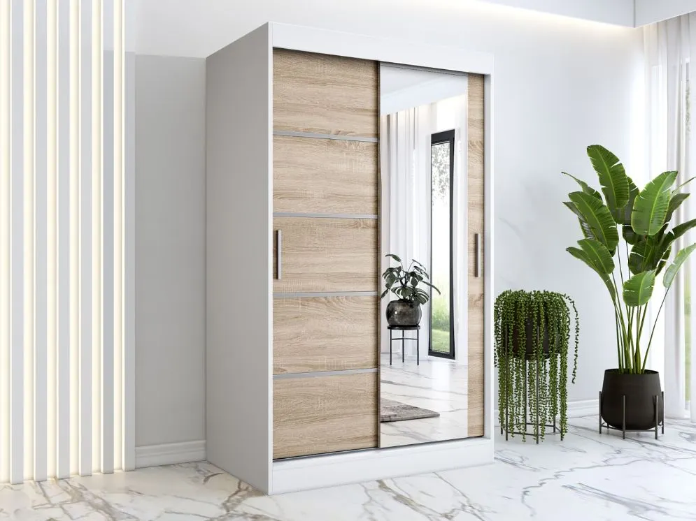 Szafa przesuwna MODUO COMFORT 2 120 biała mat/dąb sonoma do sypialni z dwoma rodzajami frontów | MIRAT. w stylu  kolekcja MODUO COMFORT