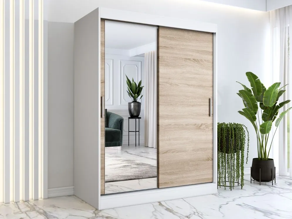 Szafa przesuwna MODUO COMFORT 150 biała mat/dąb sonoma gładka z lustrem | MIRAT. w stylu  kolekcja MODUO COMFORT