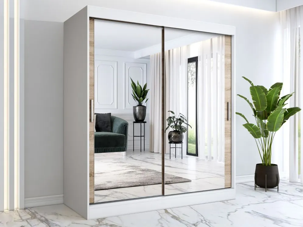 Szafa przesuwna MODUO COMFORT 180 biała mat/dąb sonoma z dwoma lustrami | MIRAT. kolekcja MODUO COMFORT