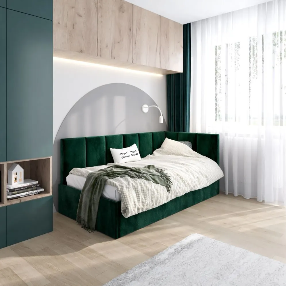 Łóżko młodzieżowe AURA 120x200 zielone z panel bocznym L i pojemnikiem I sklep meblowy MIRAT.