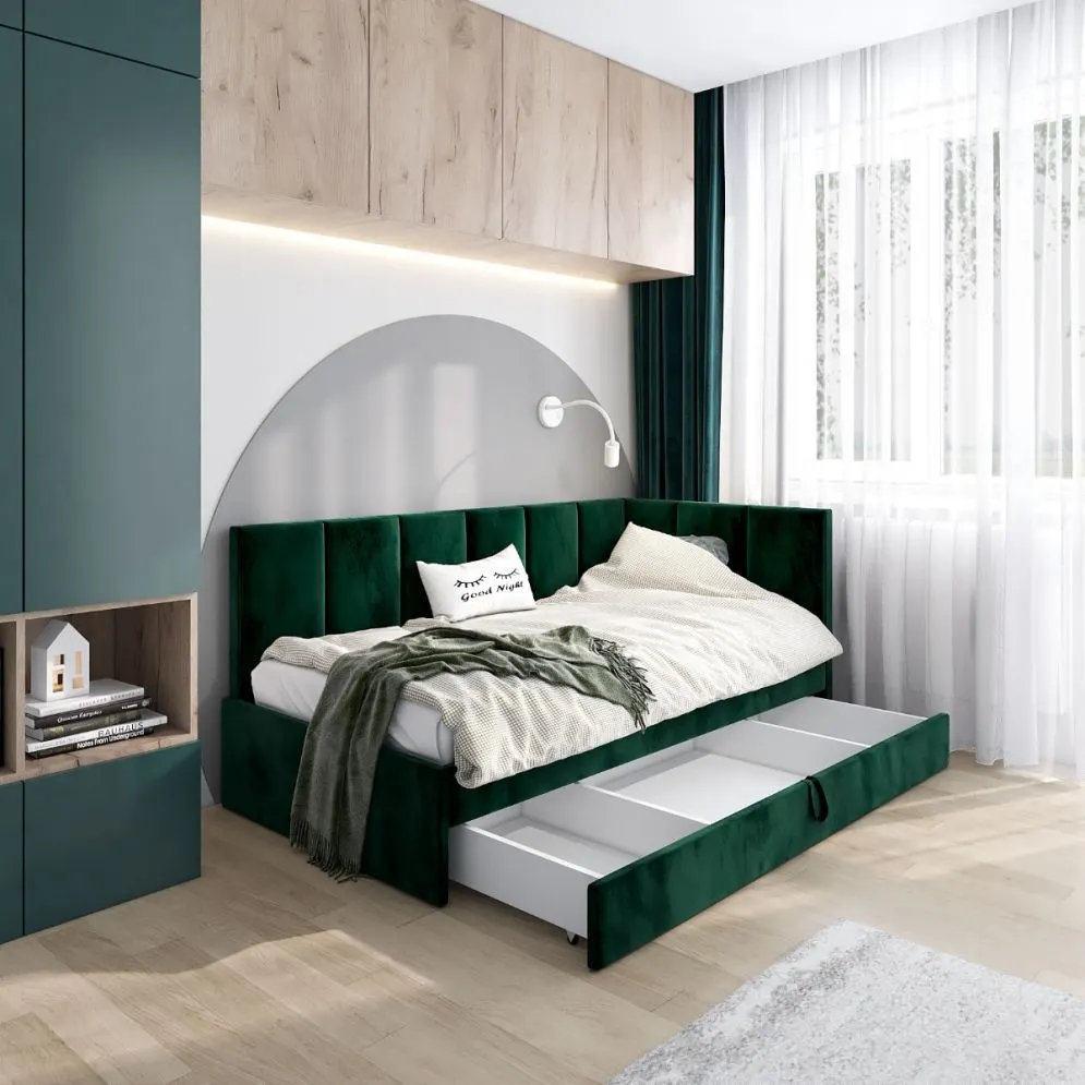 Łóżko młodzieżowe AURA 2 90x200 zielone z tapicerowanym zagłówkiem i panelem bocznym I sklep meblowy MIRAT.