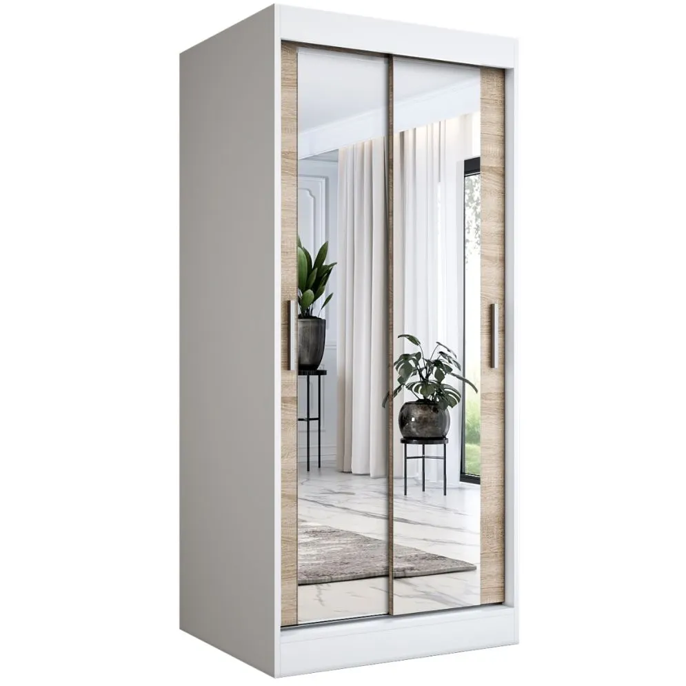 Szafa przesuwna MODUO COMFORT 90 biała mat/dąb sonoma z dwoma lustrami | MIRAT. w stylu kolekcja MODUO COMFORT