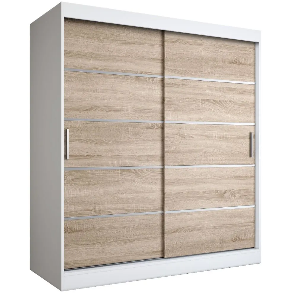 Szafa przesuwna MODUO COMFORT 180 biała mat/dąb sonoma z ozdobnymi listwami do sypialni | MIRAT. kolekcja MODUO COMFORT