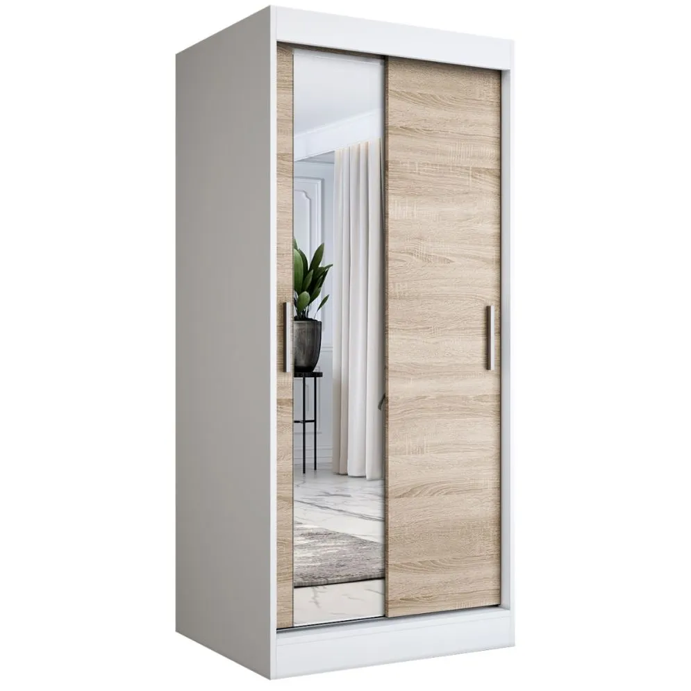 Szafa przesuwna MODUO COMFORT 90 biała mat/dąb sonoma gładka z lustrem | MIRAT. w stylu  kolekcja MODUO COMFORT