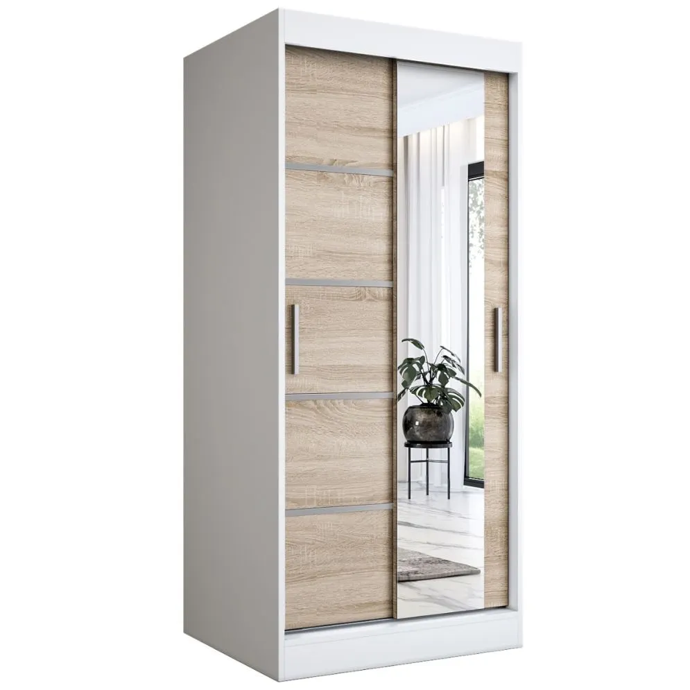 Szafa przesuwna MODUO COMFORT 2 90 biała mat/dąb sonoma do sypialni z dwoma rodzajami frontów | MIRAT. w stylu  kolekcja MODUO COMFORT