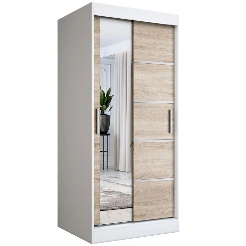 Szafa przesuwna MODUO COMFORT 3 90 biała mat/dąb sonoma do sypialni z dwoma rodzajami frontów | MIRAT. w stylu  kolekcja MODUO COMFORT