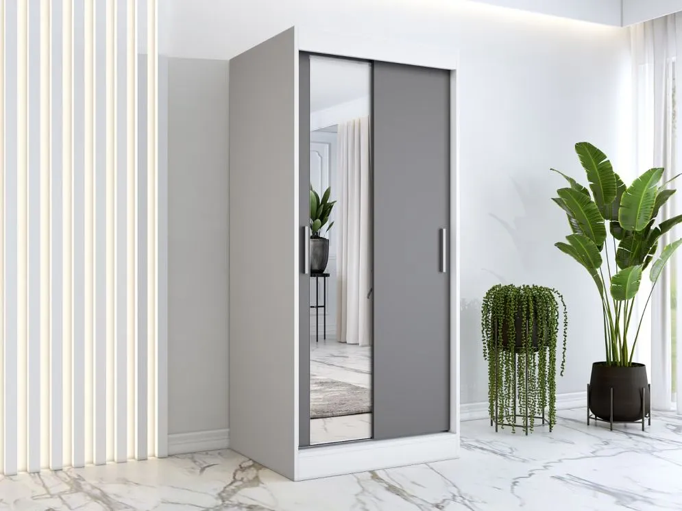 Szafa przesuwna MODUO COMFORT 90 biała mat/antracyt z lustrem po lewej | MIRAT. w stylu  kolekcja MODUO COMFORT