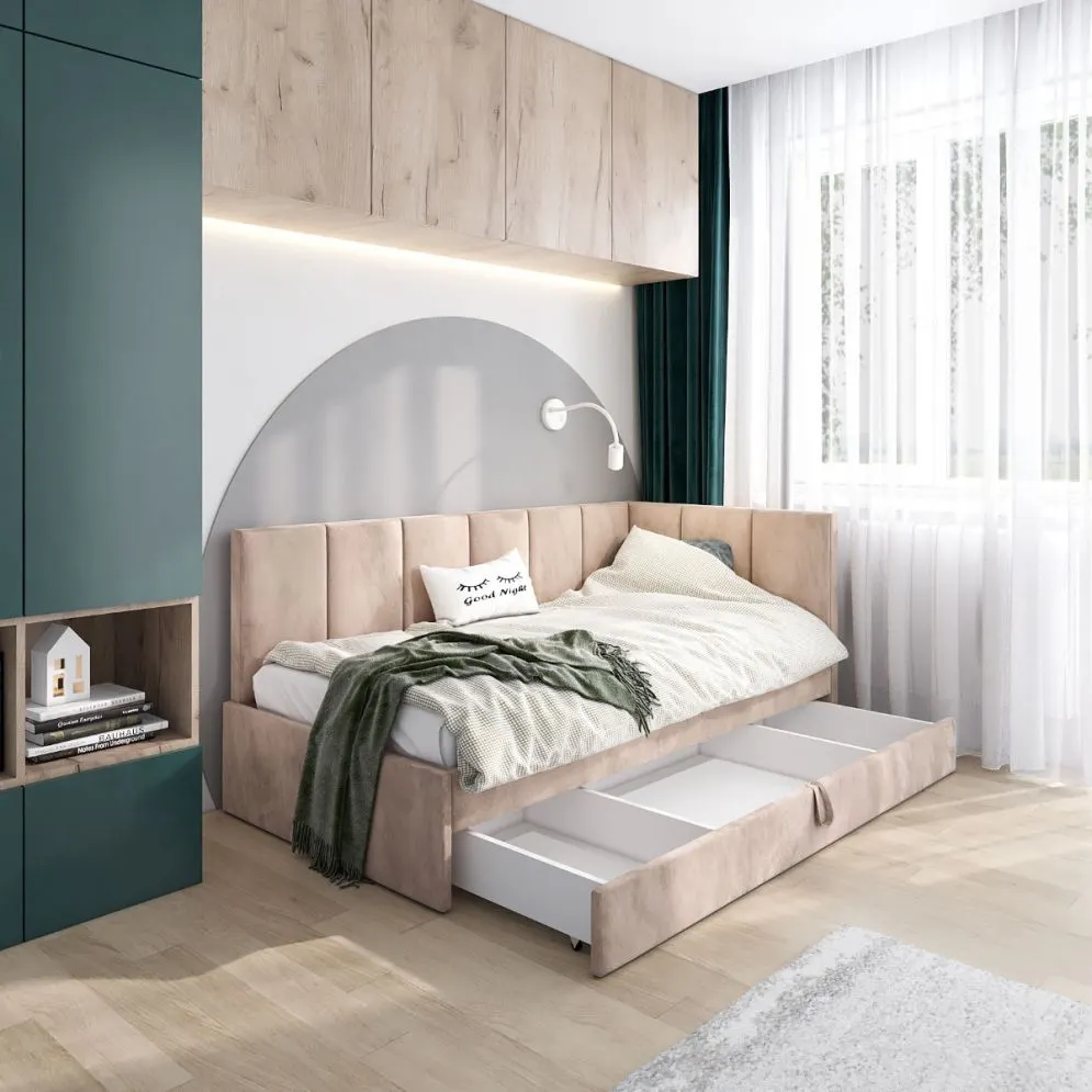 Łóżko młodzieżowe AURA 2 90x200 beżowe z tapicerowanym panelem L i szufladą I sklep meblowy MIRAT.