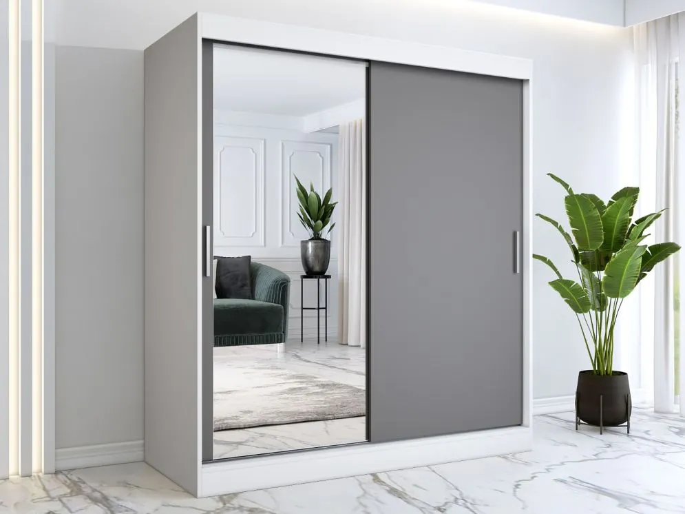 Szafa przesuwna MODUO COMFORT 180 biała mat/antracyt z lustrem po lewej | MIRAT.  kolekcja MODUO COMFORT