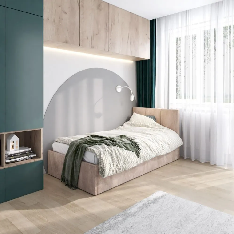 Łóżko młodzieżowe VIVO 100x200 beżowe z panelem tapicerowanym i skrzynią I MIRAT.