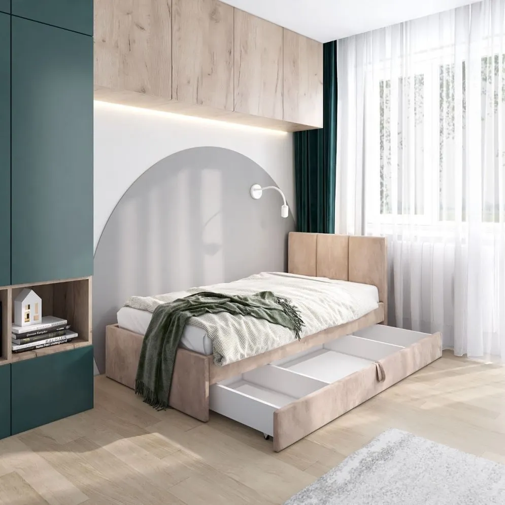 Łóżko młodzieżowe VIVO 2 80x200 beżowe z tapicerowanym oparciem i szufladą I sklep meblowy MIRAT.