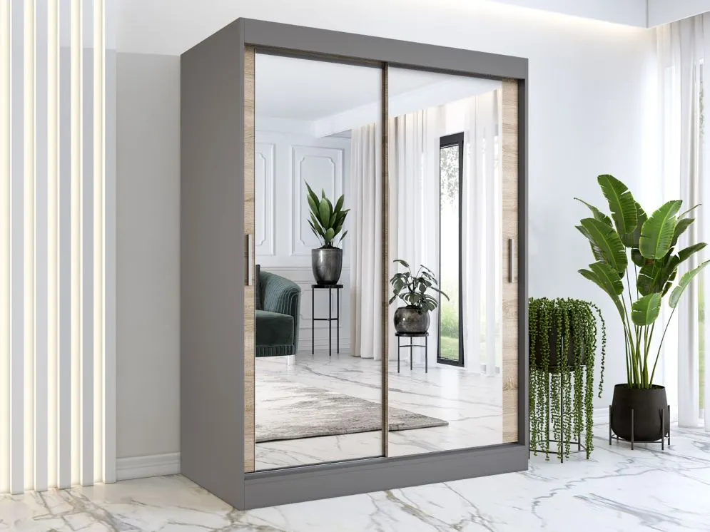 Szafa przesuwna MODUO COMFORT 150 antracyt/dąb sonoma z dwoma lustrami do sypialni | MIRAT. w stylu kolekcja MODUO COMFORT