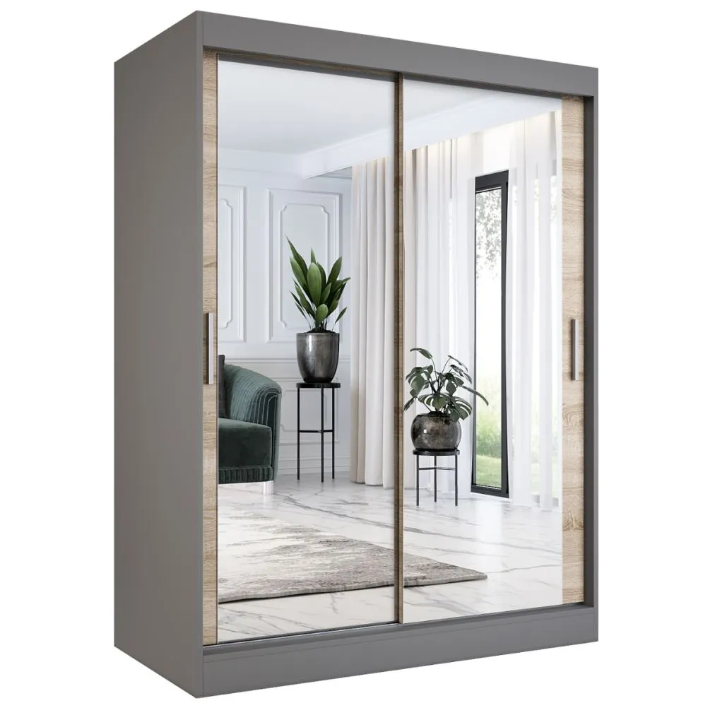 Szafa przesuwna MODUO COMFORT 150 antracyt/dąb sonoma z dwoma lustrami do sypialni | MIRAT. w stylu kolekcja MODUO COMFORT