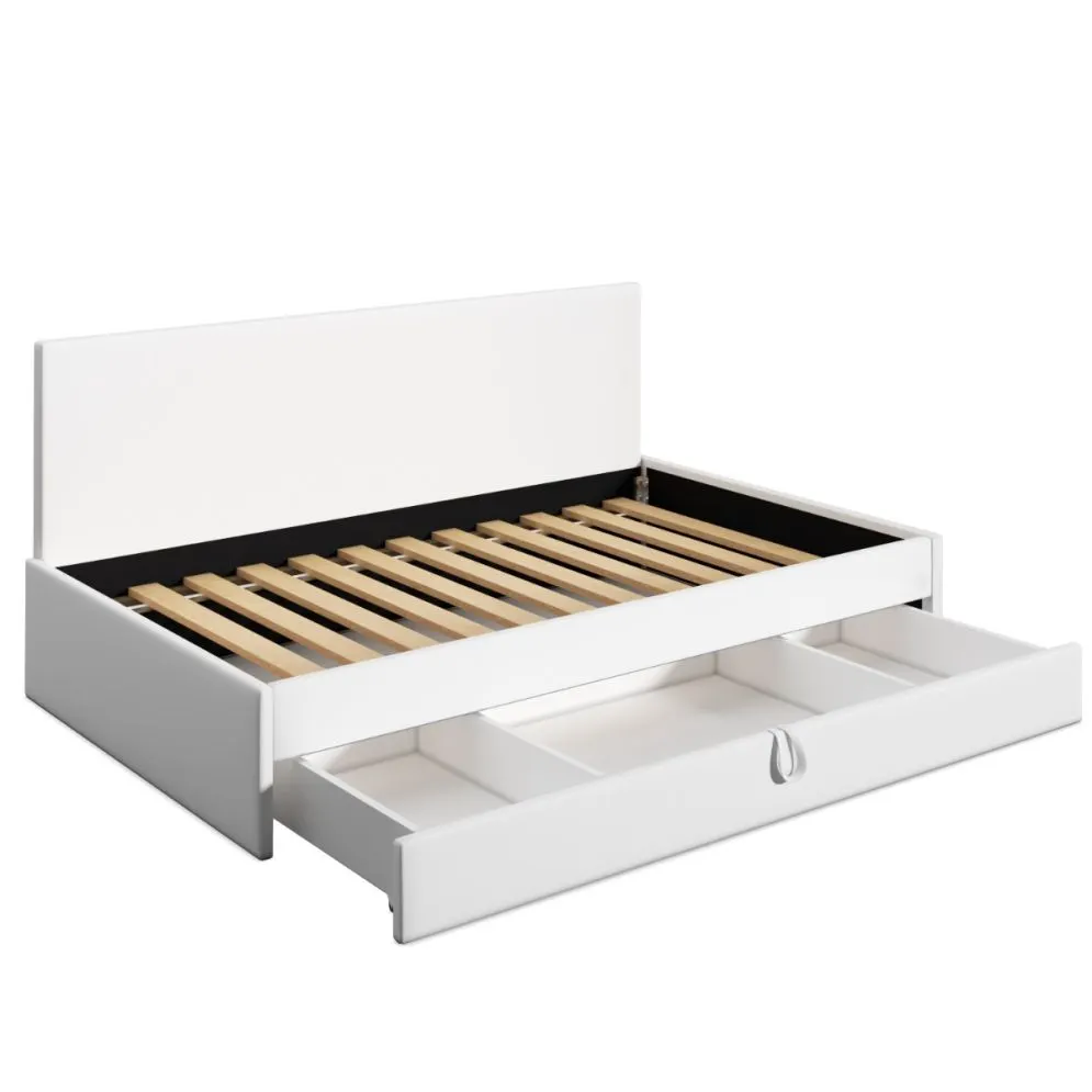 Łóżko młodzieżowe SORA 2 100x200 jasne szare z tapicerowanym panelem i szufladą I sklep meblowy MIRAT.