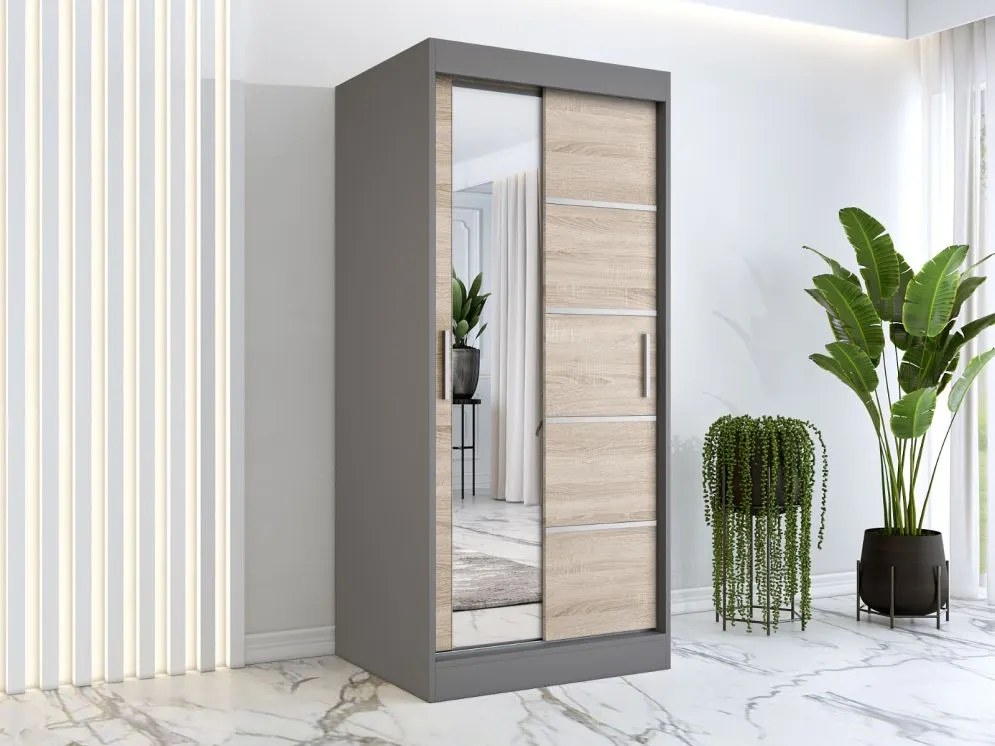 Szafa przesuwna MODUO COMFORT 3 90 antracyt/dąb sonoma z lustrem | MIRAT. w stylu kolekcja MODUO COMFORT