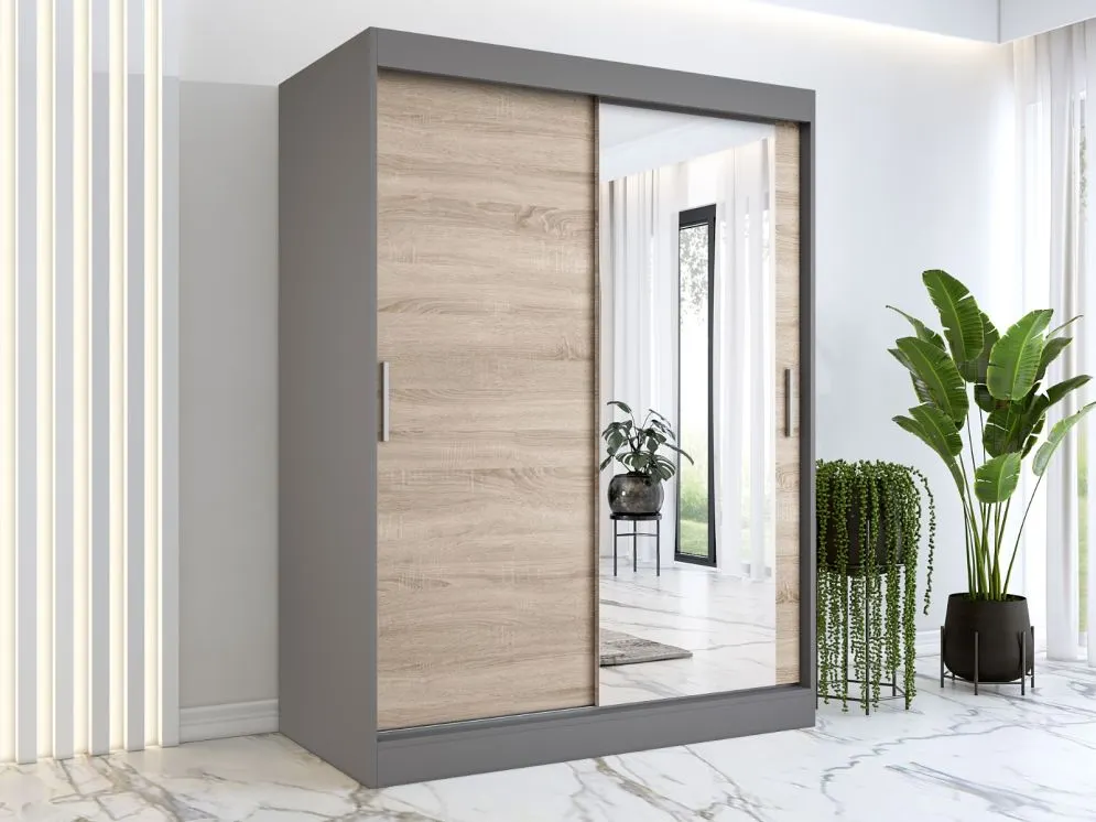 Szafa przesuwna MODUO COMFORT 150 antracyt/dąb sonoma z lustrem | MIRAT. w stylu  kolekcja MODUO COMFORT