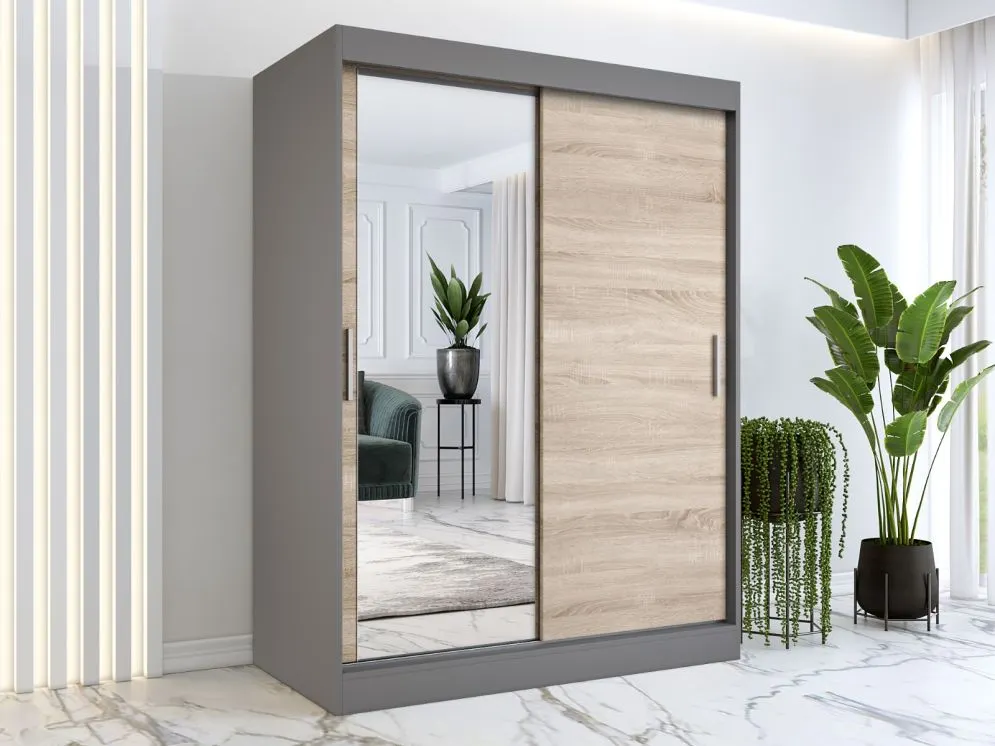 Szafa przesuwna MODUO COMFORT 150 antracyt/dąb sonoma z lustrem z lewej | MIRAT. w stylu  kolekcja MODUO COMFORT