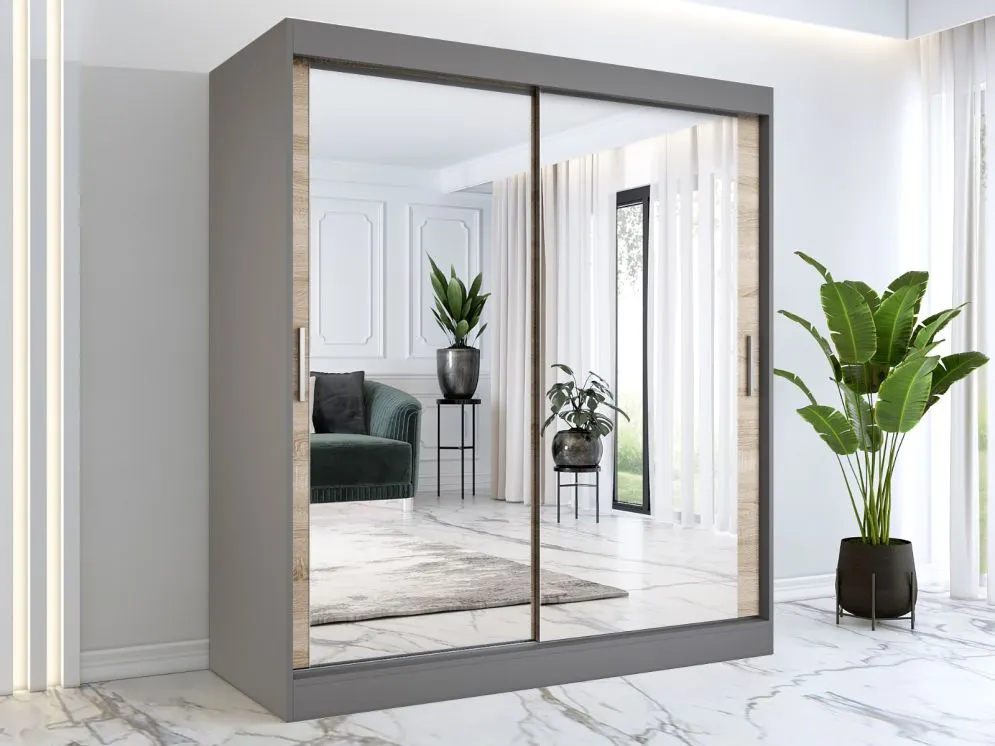 Szafa przesuwna MODUO COMFORT 180 antracyt/dąb sonoma z dwoma lustrami do sypialni | MIRAT.  kolekcja MODUO COMFORT