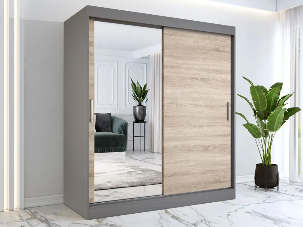 Szafa przesuwna MODUO COMFORT 180 antracyt/dąb sonoma z lustrem z lewej | MIRAT.  kolekcja MODUO COMFORT