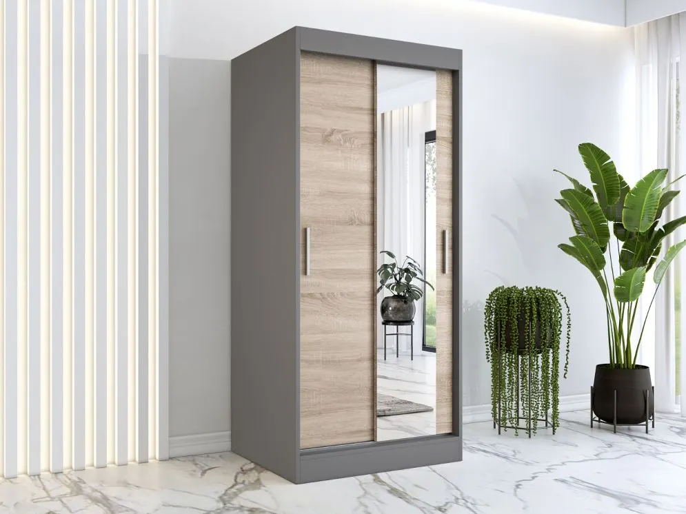 Szafa przesuwna MODUO COMFORT 90 antracyt/dąb sonoma z lustrem | MIRAT. w stylu  kolekcja MODUO COMFORT