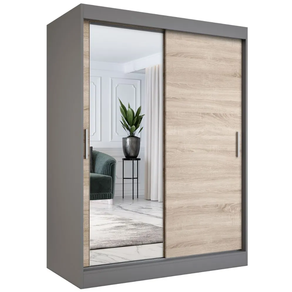 Szafa przesuwna MODUO COMFORT 150 antracyt/dąb sonoma z lustrem z lewej | MIRAT. w stylu  kolekcja MODUO COMFORT